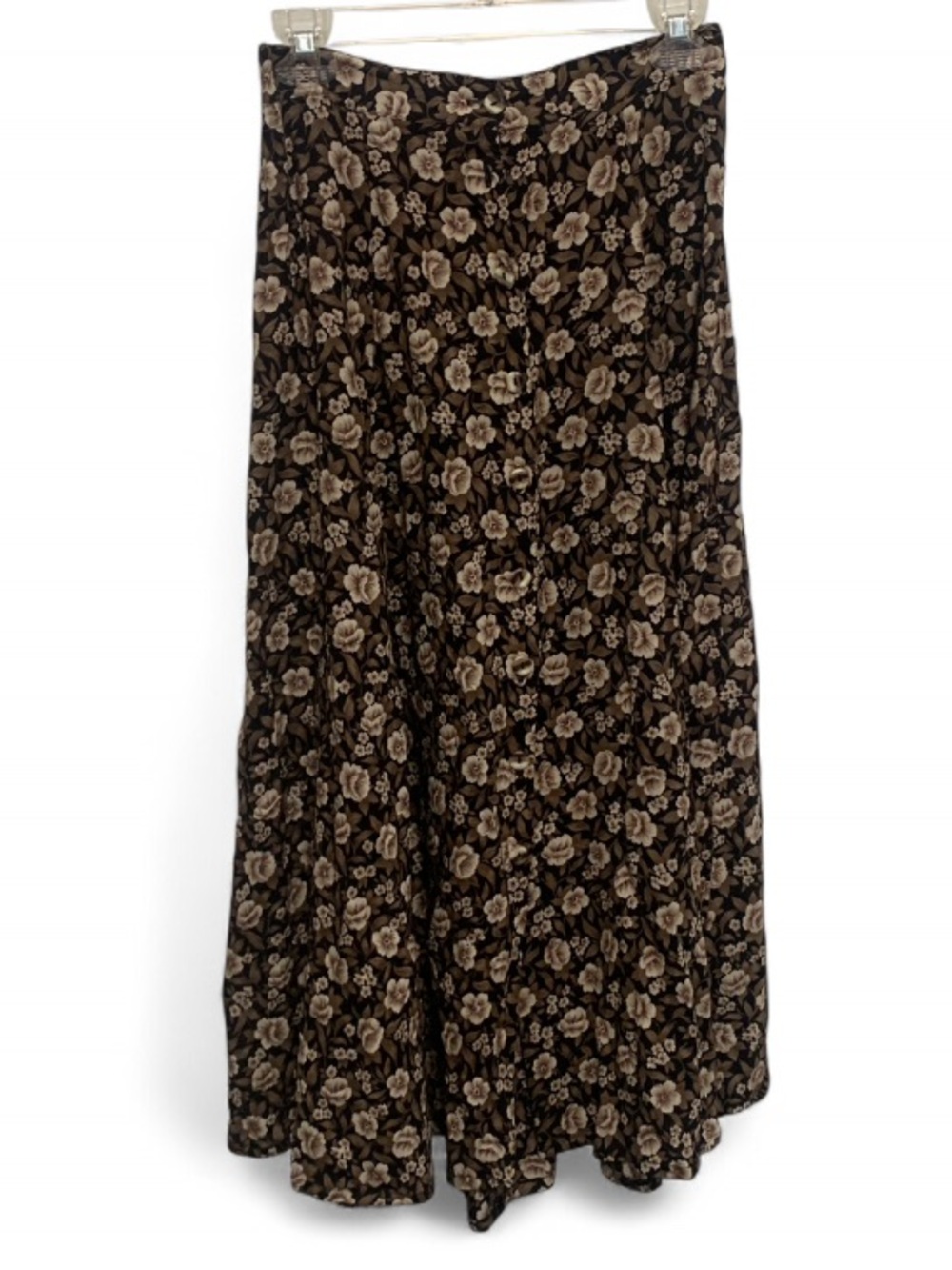 Vintage Daisy Ind Black Floral Maxi Skirt with Brown and Cream Blooms